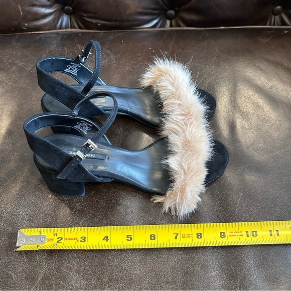 Zara Black faux fur black suede block heel sandals size 36 - Picture 6 of 8